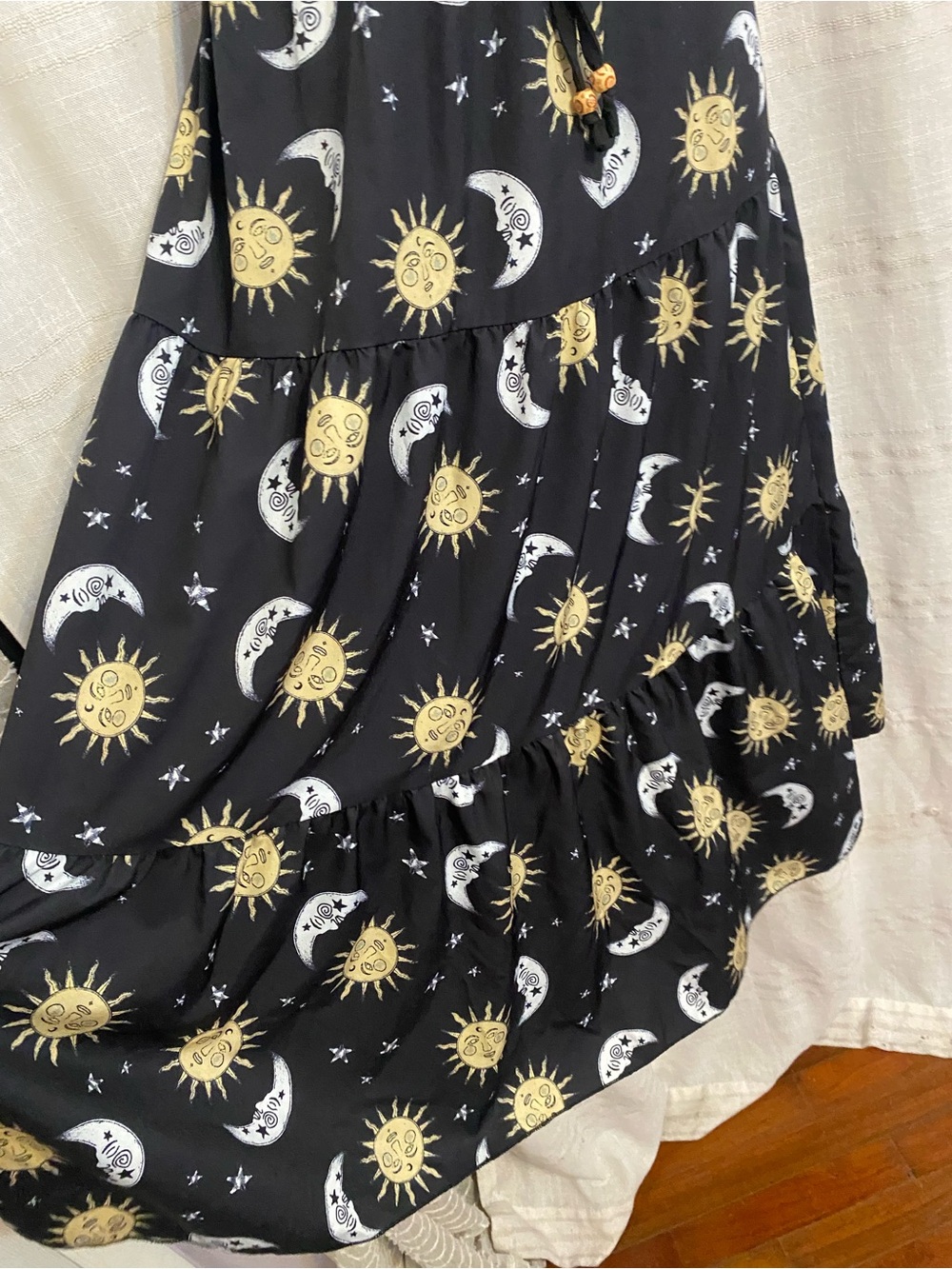 Celestial Sun Moon Maxi Skirt 1XL Black Tiered Whimsigoth Drawstring - Picture 4 of 6